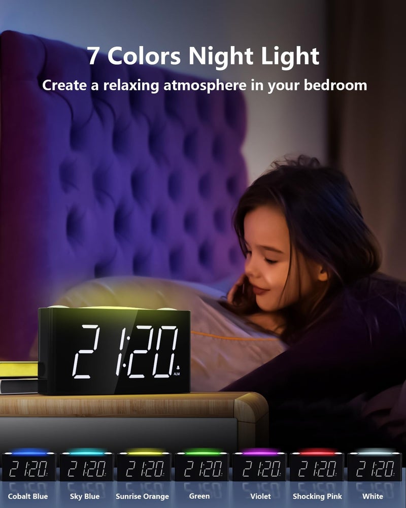 Mesqool Digital Alarm Clock for Bedroom, 7.5" Big Display, 7-Color Night Light,USB & Type C Charger, Dimmer,12/24 H,Plug-in Easy to Set Alarm Clock for Teens, Kids, Heavy Sleepers - Image 4